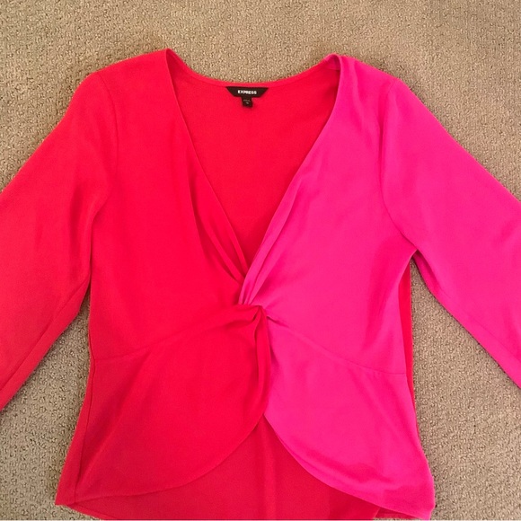 EXPRESS Never Worn Hot Pink Bright Red Long Sleeve Half n Half Knot Top - Picture 2 of 6